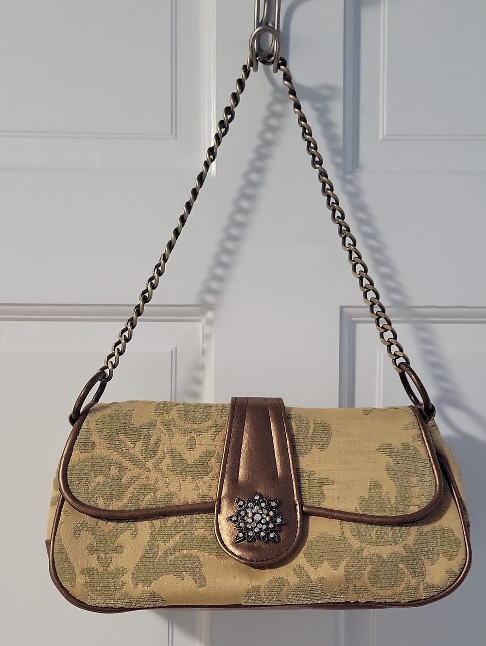 Beige & Green Floral Tapestry Bag with Chain Strap